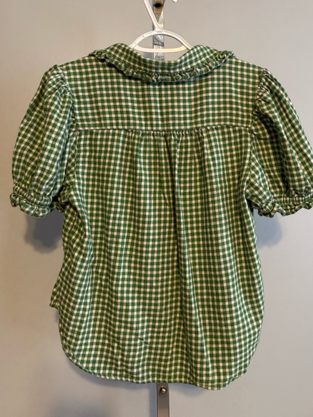 Gap Rounded Collar Shirt Women’s Med Green Plaid Ruffle Preppy Short Sleeve - Picture 2 of 8